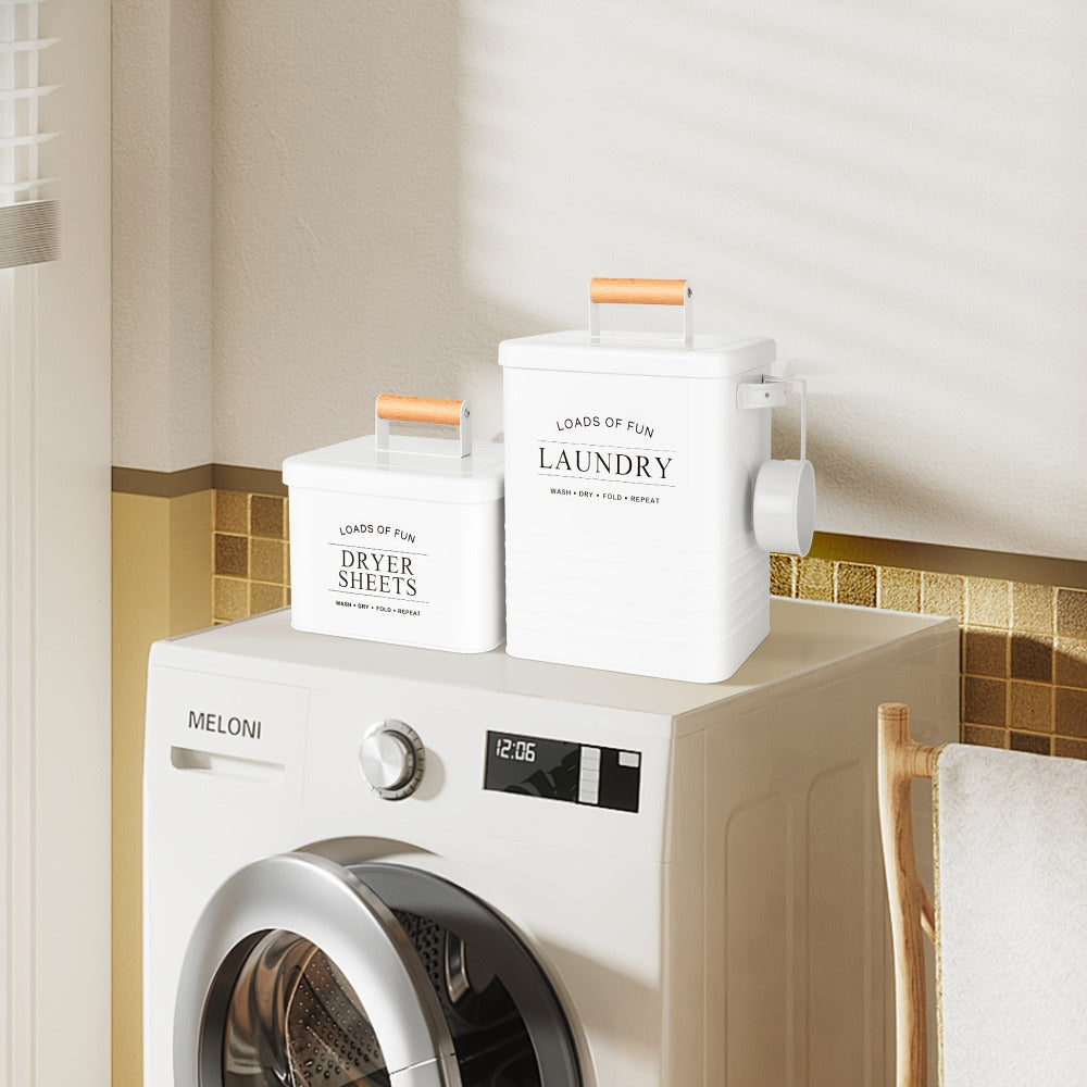 Laundry Pod Container & Dryer Sheet Holder Set with Scoop – Metal Farmhouse Laundry Room Organizer, Detergent Dispenser & Soap Storage