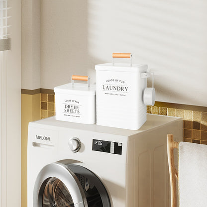 Laundry Pod Container & Dryer Sheet Holder Set with Scoop – Metal Farmhouse Laundry Room Organizer, Detergent Dispenser & Soap Storage