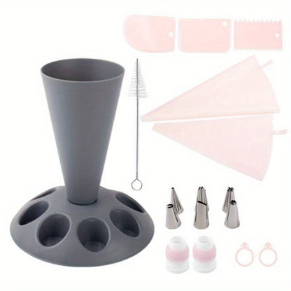 Piping Bag Holder Set 17pcs, Multi-Bag Icing Stand with Various Nozzle Tips for Cake Decorating, Cupcake Frosting, Cookie Decorating, Baking Accessories for Professional and Home Bakers