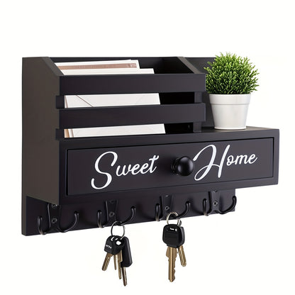 Key Holder for Wall with Drawer 8 Hooks – Rustic Wood Wall Mounted Key & Mail Organizer for Entryway, Kitchen, Mudroom, Office, Adhesive & Paintable Hooks, Space Saving Entryway Decor Storage