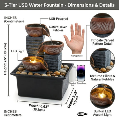 Tabletop Water Fountain Indoor – 4-Level Desktop Waterfall with LED Lights & Natural River Stones, USB Powered Meditation Fountain for Home Office Relaxation, Zen Desk Decor with Bubble Balls
