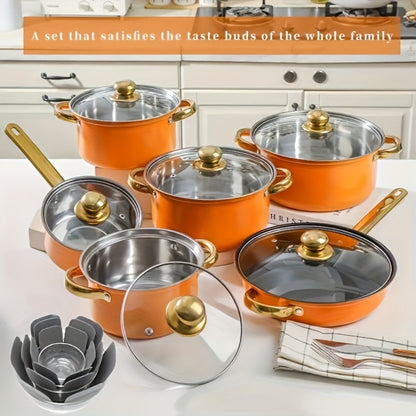 Stainless Steel Cookware Set 10 12 15 Piece Pots with Lids Double Handles Cooking Pot Set for Soup Hot Pot Noodles Pasta Home and Restaurant Kitchen Multiple Colors and Sizes Available