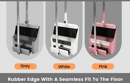 Broom and Dustpan Set 3-in-1 with Wiper - Non-Stick Hair Sweeper Household Floor Broom Combo for Indoor Outdoor Use - Ergonomic Handle Dustpan Broom Kit for Home Kitchen Office - White Pink Gray