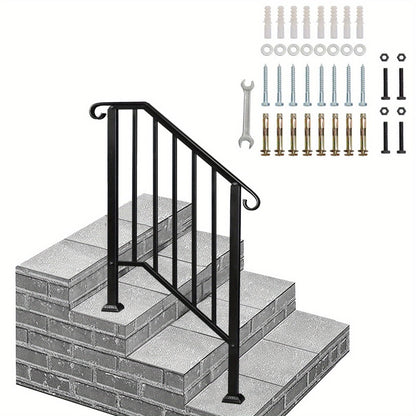 Wrought Iron Stair Handrail for 2-3 Steps - Matte Black & White Powder Coated Iron Picket Railing with Stainless Steel Post Mounts, Indoor Outdoor Home Safety Grab Bar & Accessibility Rail