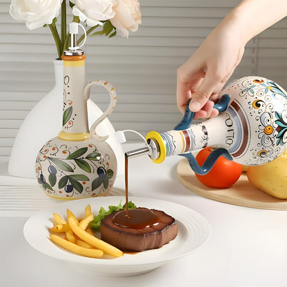 Ceramic Oil and Vinegar Dispenser Set Hand-Painted Underglaze Anti-Drip Leak-Proof Kitchen Oil Bottle with Oil Spout and Foot Pad Olive Green Lemon Yellow
