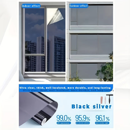 One Way Window Privacy Film Static Cling No Glue UV Blocking Heat Control Reflective Mirror Film for Home Office Bathroom, 12 Mil, Black Blue Gray Silver