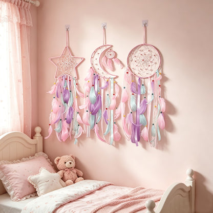 Dream Catcher Set of 3 - Moon Sun Star Wall Hanging Decor for Bedroom, Boho Room Decor for Teen Girls Kids, Princess Bedroom Decoration, 8 Inch Metal Hoop, Pink White Black Brown, Nursery Wall Art Gift