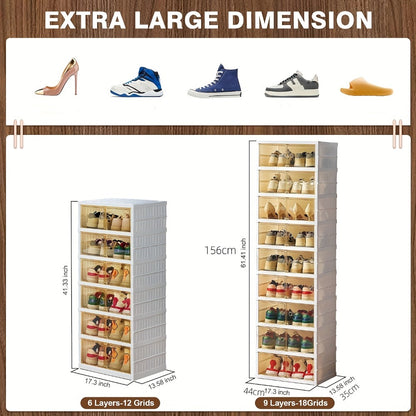 Shoe Rack Organizer 9-Tier, Collapsible Clear Plastic Foldable Stackable Shoe Cabinet with Shelves & Doors — No Assembly, Space-Saving Narrow Storage for Hallway, Apartment & Small Spaces