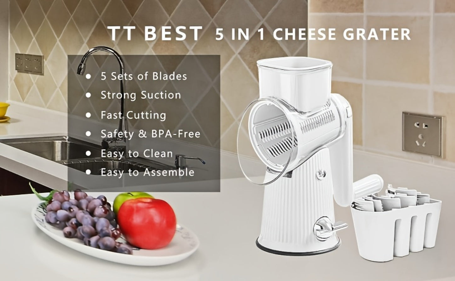 Rotary Cheese Grater with Interchangeable Blades – 5-in-1 Manual Vegetable Slicer Shredder Set, Suction Cup Base, Easy to Clean, Multifunctional Kitchen Tool for Fruits, Vegetables & Nuts