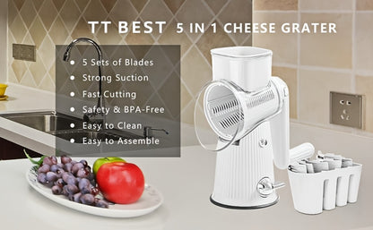 Rotary Cheese Grater with Interchangeable Blades – 5-in-1 Manual Vegetable Slicer Shredder Set, Suction Cup Base, Easy to Clean, Multifunctional Kitchen Tool for Fruits, Vegetables & Nuts