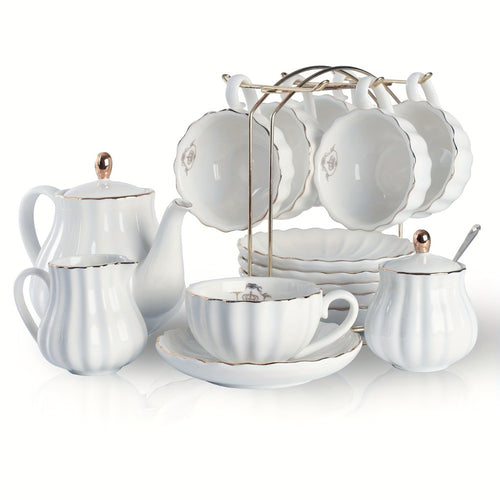 Porcelain Tea Set for 6 - 22 Piece British Royal Floral Service with Teapot, Cups & Saucers, Sugar Bowl, Cream Pitcher & Tea Strainer