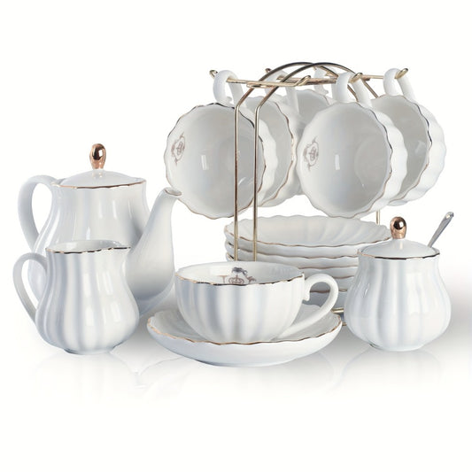 Porcelain Tea Set for 6 - 22 Piece British Royal Floral Service with Teapot, Cups & Saucers, Sugar Bowl, Cream Pitcher & Tea Strainer