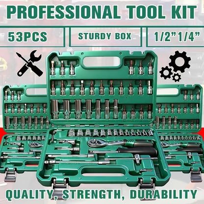 Impact Socket Set – 53-Piece Tool Set, 47-Piece 3/8" Drive & 34-Piece 1/2" Drive, SAE & Metric Sizes, 6-Point CR-V with Ratchet Handle, Extension Rod & Connector for Auto Repair & DIY