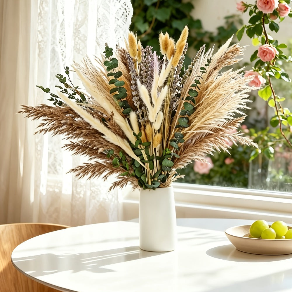 Boho Pampas Grass Dried Flower Arrangement – Lavender Eucalyptus Bouquet with Gemstone Accents for Home Decor, Rustic Wedding Centerpiece & Bohemian Bedroom Vase Filler