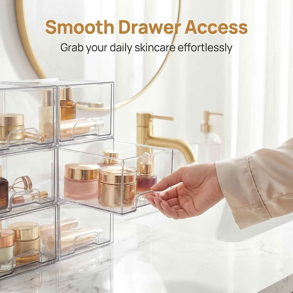 Clear Stackable Storage Drawers 8 Pack – Acrylic Bathroom Organizer Bins with Pull-Out Handle, BPA-Free Plastic Makeup Storage for Vanity, Kitchen, Pantry, Home Organization
