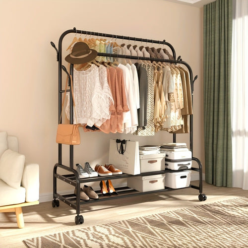 Double Rod Clothes Rack with Wheels Metal Heavy Duty Garment Rack with Shelves and Hooks Portable Closet Organizer for Bedroom Living Room Gold
