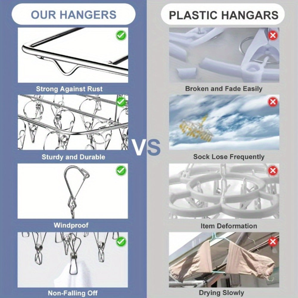 Clothes Drying Rack with Clips Stainless Steel Laundry Hanger Windproof Skidproof Multi-Clip Sock Underwear Dryer for Home Bedroom Balcony – 30/40/50 Clips