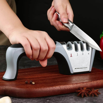 4-in-1 Knife Sharpener Manual Kitchen Tool for Chef Knives, Paring Knives, Steel Blades & Scissors – 4 Stage Sharpening System with Non-Slip Base
