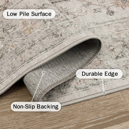 Runner Rug Machine Washable Non-Slip Vintage Hallway Area Rug Low Pile Lightweight Boho Floral for Entryway Kitchen Corridor Light Taupe Brown