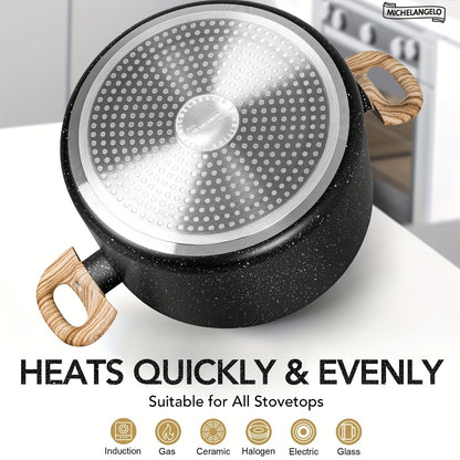 Nonstick Stock Pot Granite Soup Pot with Lid Induction Compatible Aluminum PFOA Free Stay Cool Handle for Soup Stew Pasta Seafood Curry 5qt 6qt 8qt 10qt Black White
