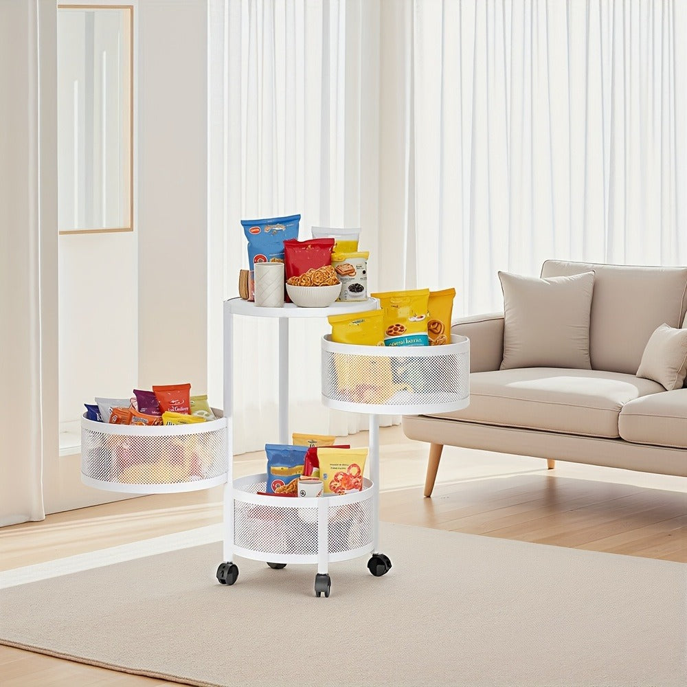 Rotating Storage Rack Multi-Tier Rolling Cart – 360° Swivel Round Floor Standing Organizer with 4 or 5 Layers, Vegetable Basket & File Rack for Kitchen, Bathroom, Office & Living Room (Black / White)