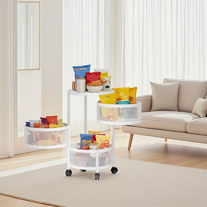 Rotating Storage Rack Multi-Tier Rolling Cart – 360° Swivel Round Floor Standing Organizer with 4 or 5 Layers, Vegetable Basket & File Rack for Kitchen, Bathroom, Office & Living Room (Black / White)