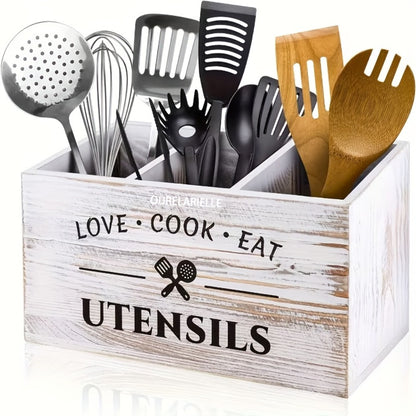 Wooden Cutlery Storage Box with Grid Compartments Chopstick Organizer Rack with Metal Accents for Kitchen Drawer Bedroom Desk Home Organization in Natural White Black