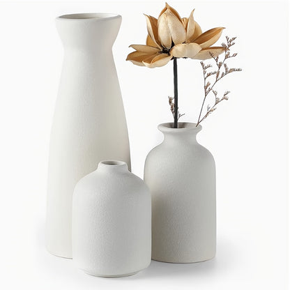 Boho Ceramic Vase Set 3pcs - Matte Nordic Minimalist Geometric Floral Design for Home Decor, Living Room, Entryway, Bookshelf & Bathroom Vanity, Modern Bohemian Decorative Vases, Holiday Gift