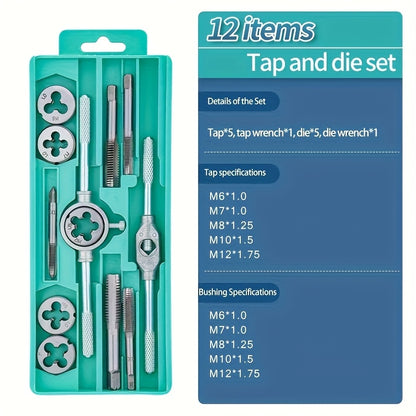 Metric Tap and Die Set 12pcs or 40pcs, M3-M12 Hand Thread Tapping Tool Kit with Plug Taps, Straight & Cone Reamers, Manual Threading Tool for DIY, Household Repair & Metalworking
