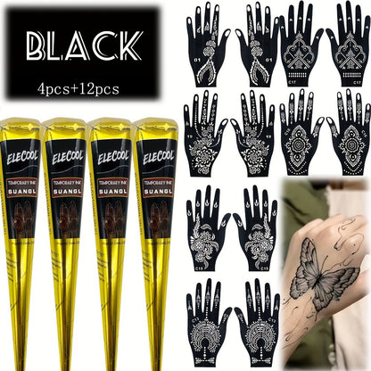 Temporary Semi-Permanent Tattoo Paste Kit - Waterproof Body Art Gel in Brown & Black with Tattoo Templates, Safe Non-Irritating Henna-Style Ink for Parties, Festivals, Cosplay & Daily Decoration