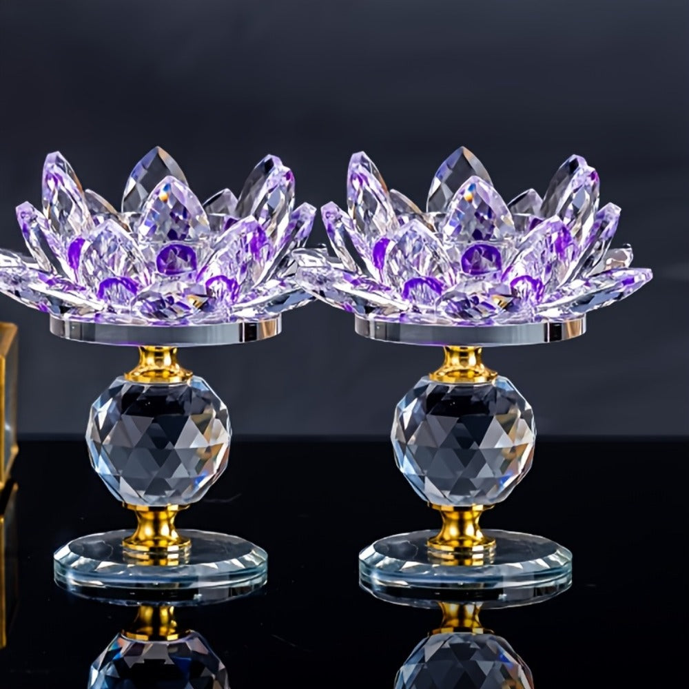 Crystal Lotus Candle Holder 2pcs, Polished Decorative Lotus Candleholder for Tea Light & Pillar Candles, Elegant Home Decor Centerpiece for Christmas, Thanksgiving, Halloween, Easter & Hanukkah – Green, Purple, Blue, Pink