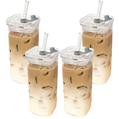 Square Glass Cups with Lids and Straws Set - 13oz BPA-Free Coffee Drinking Glasses for Home Office Outdoor