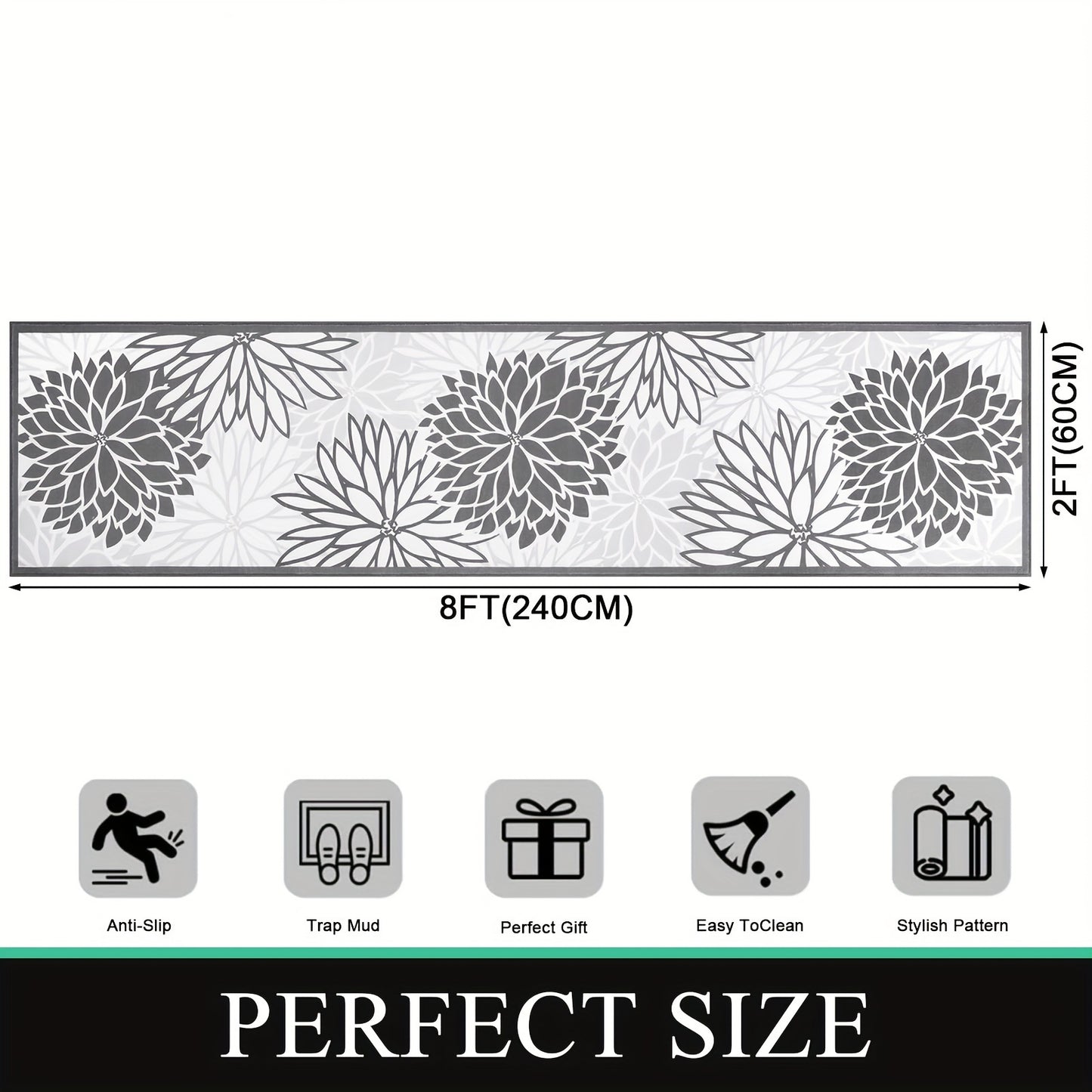 Floral Medallion Runner Rug Non-Slip Machine Washable – Low-Profile Hallway Carpet for Entryway, Laundry Room & Bathroom – Brown & Grey, 2x6, 2x8, 2x10 Ft