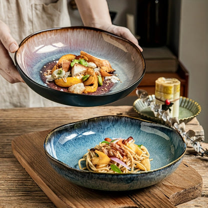 Irregular Deep Dish Ceramic Plate | Artisan Handcrafted Salad Soup Bowl Dish | Unique Edge Design | Dishwasher Safe Tableware for Family Dining