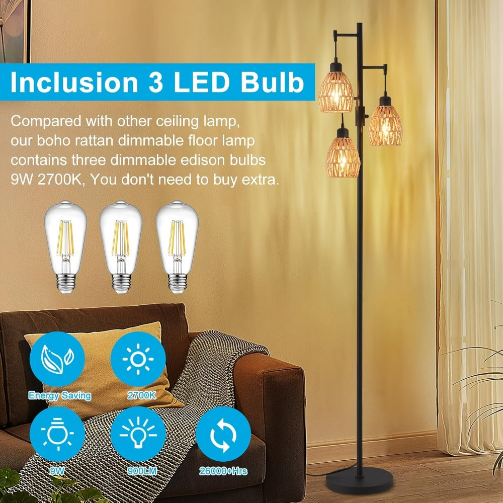 Boho Rattan Floor Lamp Dimmable – 3-Light Stepless Dimming Standing Lamp with Natural Rattan Shade & Metal Base for Living Room, Bedroom, Dining Room – Warm Bohemian Home Lighting