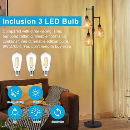 Boho Rattan Floor Lamp Dimmable – 3-Light Stepless Dimming Standing Lamp with Natural Rattan Shade & Metal Base for Living Room, Bedroom, Dining Room – Warm Bohemian Home Lighting