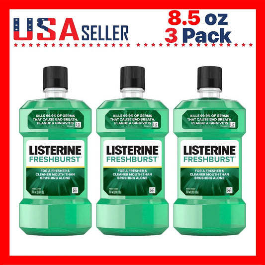 Listerine Mouthwash Fresh Burst 250ml - 3 Pack Travel Size Oral Rinse for Long-Lasting Fresh Breath, Deep Clean, Plaque Reduction, Daily Mouth Care for Men & Women