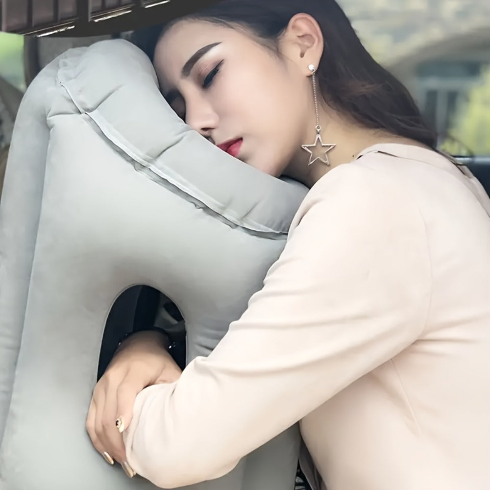 Inflatable Travel Pillow with Carrying Case – Ergonomic Neck & Head Support for Airplane, Car, Train, Office Nap & Camping, Compact Lightweight Flocking Fabric Pillow