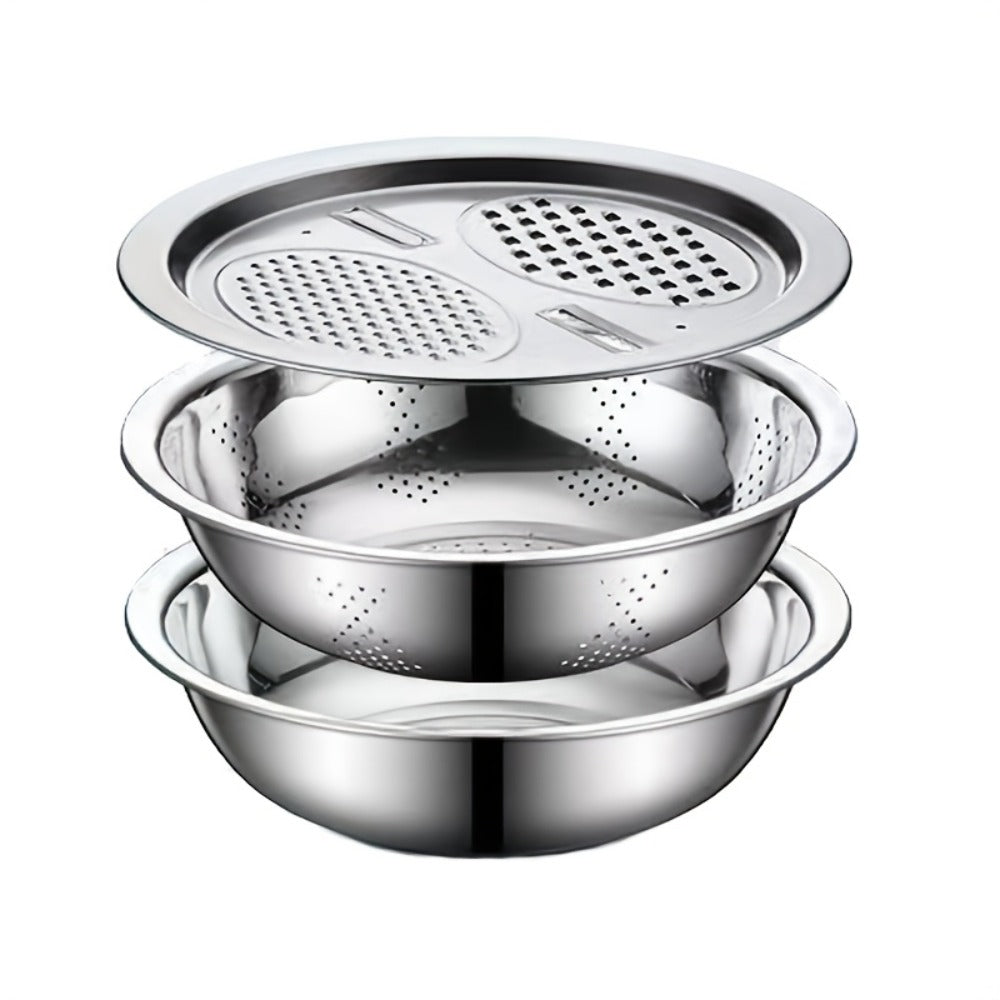 Stainless Steel Kitchen Tool Set 3pcs – Built-In Grinder, Colander Filter & Mixing Bowl for Washing, Slicing & Draining Fruits, Vegetables & Cheese, Food-Safe Drainage System