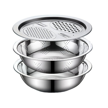 Stainless Steel Kitchen Tool Set 3pcs – Built-In Grinder, Colander Filter & Mixing Bowl for Washing, Slicing & Draining Fruits, Vegetables & Cheese, Food-Safe Drainage System