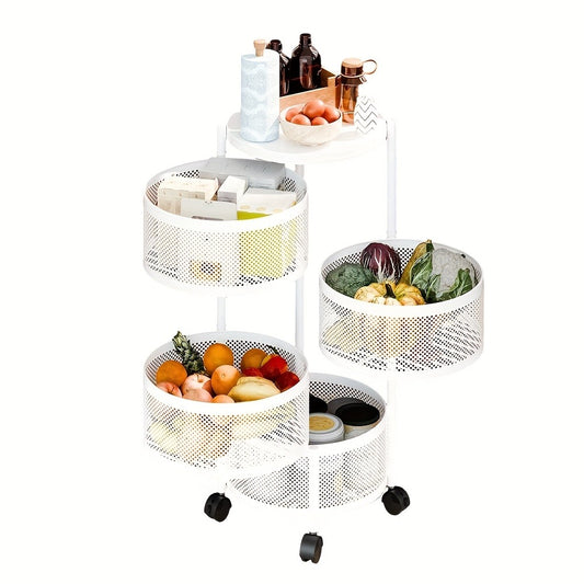 Rotating Storage Rack Multi-Tier Rolling Cart – 360° Swivel Round Floor Standing Organizer with 4 or 5 Layers, Vegetable Basket & File Rack for Kitchen, Bathroom, Office & Living Room (Black / White)