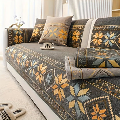 Chenille Sofa Slipcover 1pc Boho Vintage Style - Luxury Non-Slip Removable Four Seasons Universal Couch Cover | Armrest 1 2 3 4 Seater | Dark Gray Light Gray Blue | Living Room Home Decor
