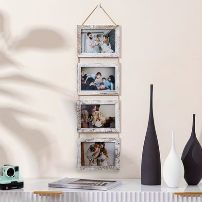 Picture Frame Set 4pcs Wooden Glass 4x6 with Flip-Top Display – Collage Photo Frames for Wall & Desktop, Interchangeable Mat, Home Decor Room Aesthetic – Wedding, Housewarming & Holiday Gift (White/Brown)