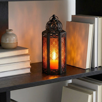 Moroccan Candle Lantern Holder - Decorative Metal & Glass Lantern with Embossed Floral Design for Indoor Home Decor, Garden, Patio, Weddings, Ramadan, Halloween & Holiday Celebrations - 10.5" Tall Medium Size
