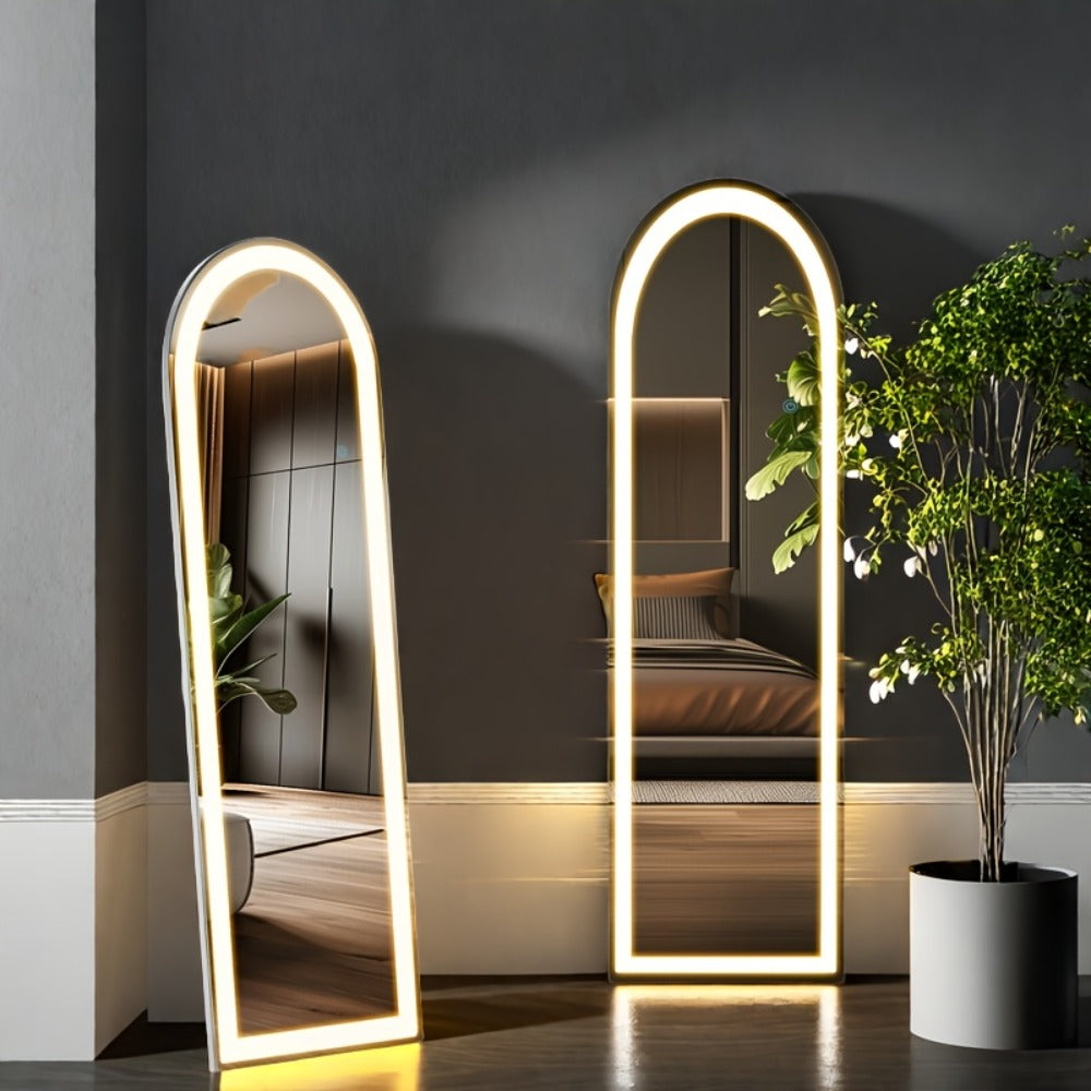 Full Length Mirror with LED Lights & Touch Sensor – 64"x21" Dimmable Smart Floor Mirror, Wall Mount or Freestanding, Slim Modern Frame for Bedroom, Vanity & Dressing Room