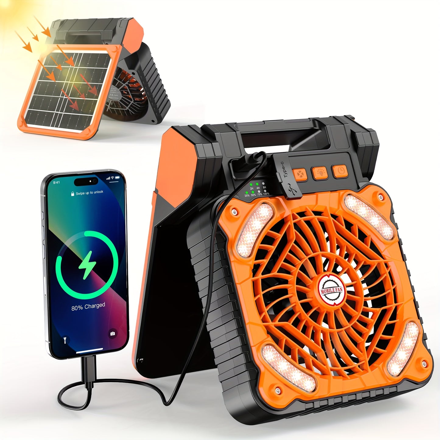 Solar Camping Fan 10400mAh Rechargeable with Solar Panel LED Light Timer USB Battery Powered 2-in-1 Fan and Light for Travel Picnic Outdoor Indoor Sleeping