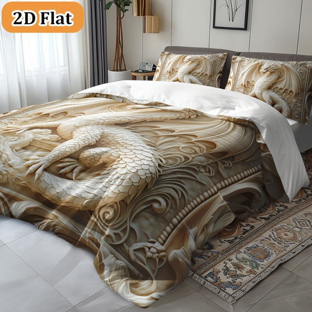 Dragon Print Duvet Cover Set 3-Piece – Boho Dragon Totem Bedding, Soft Polyester Comforter Cover with 2 Pillowcases, Twin Full Queen King, Dorm Room Decor