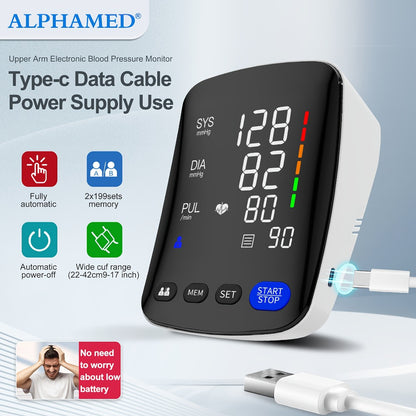 Upper Arm Blood Pressure Monitor - ALPHAMED U82RH Automatic BP Monitor, USB Powered, 8.7-17" Cuff, 2×199 Memory, LED HD Curved Screen, Intelligent Design for Elderly & Family Home Use
