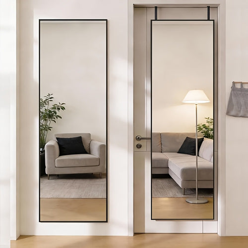 Full Length Mirror 47x14 – Over the Door or Wall Mounted Hanging Mirror, Aluminum Alloy Frame, Full Body Dressing Mirror for Bedroom, Living Room & Entryway, Arched & Rectangular, Black & Gold