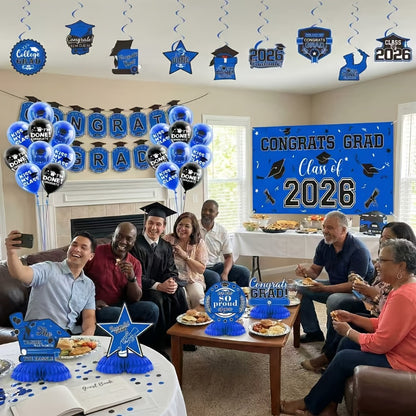 2026 Graduation Decorations Set – Congrats Grad Banner, Backdrop, Hanging Swirls & Honeycomb Table Toppers, Class of 2026 Party Supplies Kit